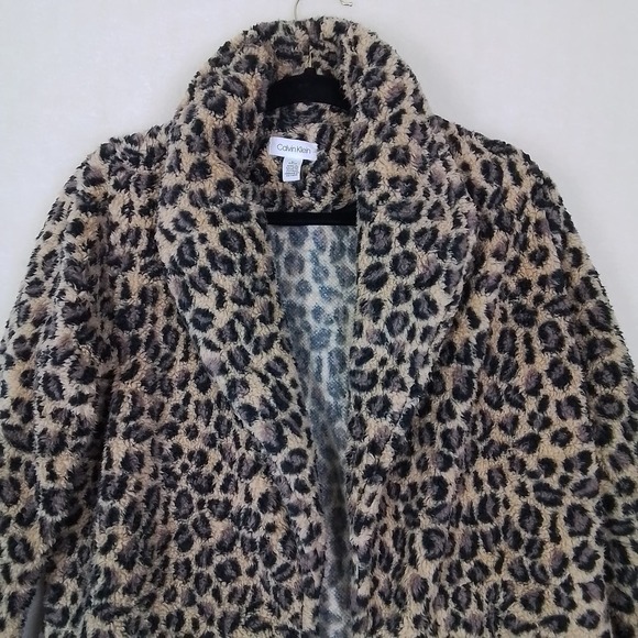 Calvin Klein Open Front Plush Sherpa Fleece Jacket Size Small w/ Leopard Print - Picture 4 of 11